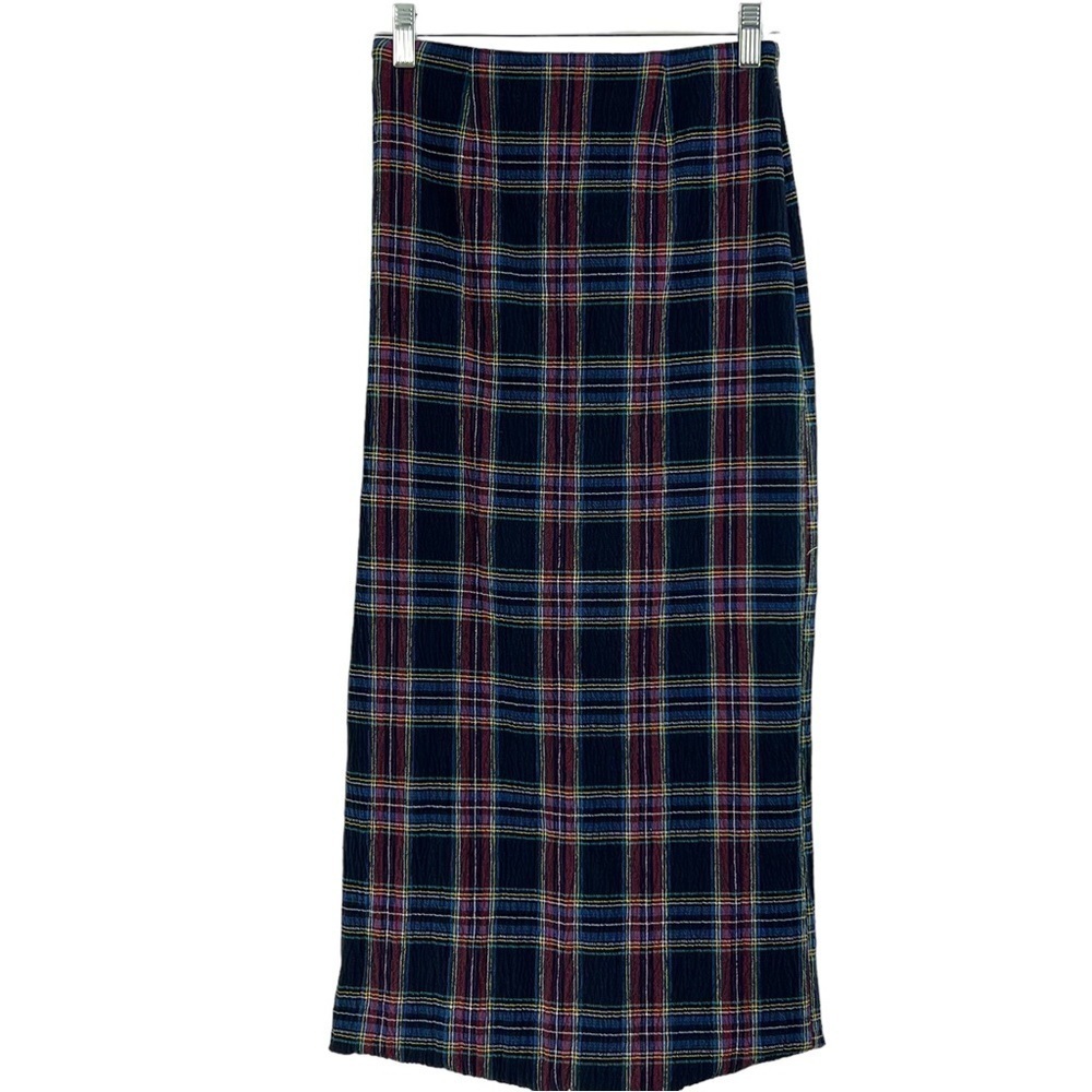 Zara Navy Blue Plaid Midi Skirt Extra Small - Picture 4 of 13